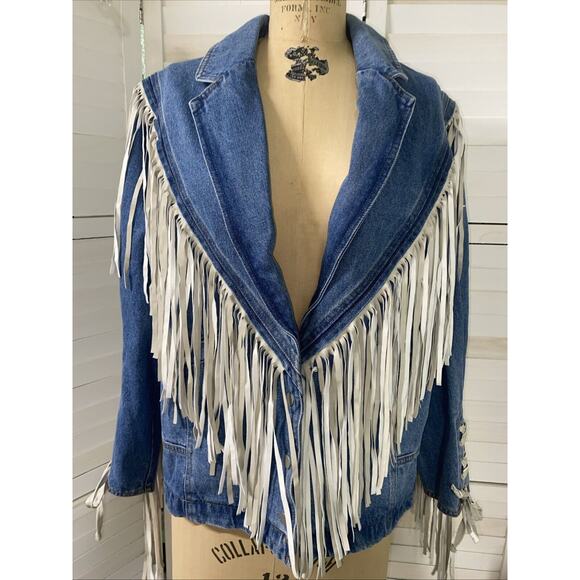 New W/ Tags Women’s Oversized Blue Denim Jacket White Fringe Southwest Medium - Picture 1 of 10